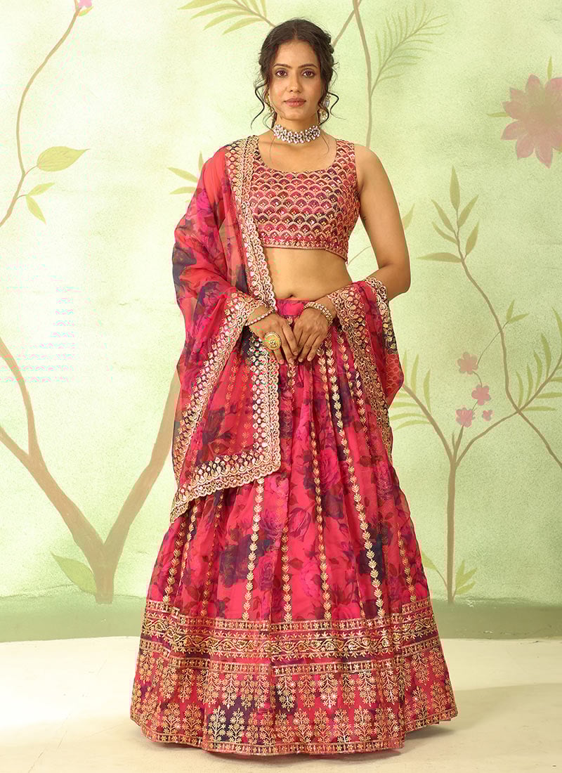 Pink Organza Digital Print Zari Embroidered Sequins Lehenga Wedding Wear