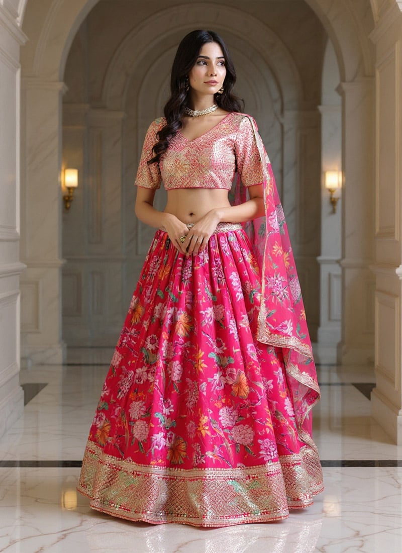 Pink Organza Digital Print Zari Sequins Umbrella Lehenga Wedding Wear