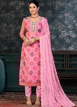 Pink Organza Embroidered And Printed Straight Pant Suit