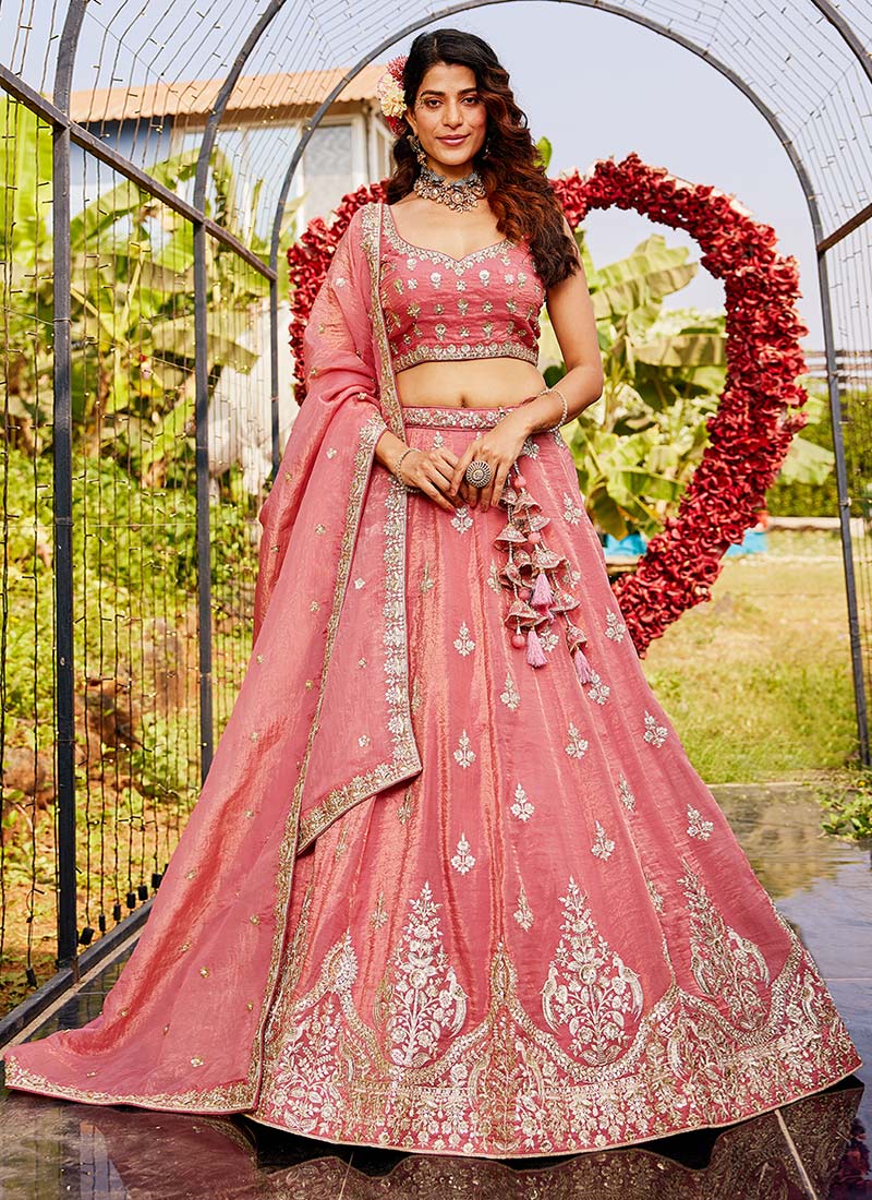 Pink Organza Embroidered Moti Sequins Lehenga
