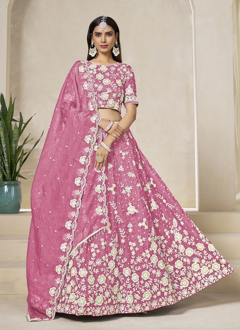 Pink Organza Embroidered Sequins Lehenga Wedding Wear