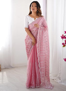 Pink Organza Embroidered Sequins Saree