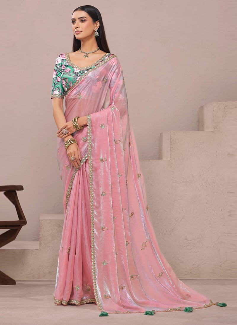 Pink Organza Embroidered Sequins Saree With Digital Print Blouse