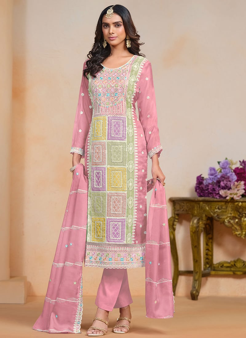 Pink Organza Embroidered Sequins Straight Pant Suit Festive Wear-SLSCC544320404