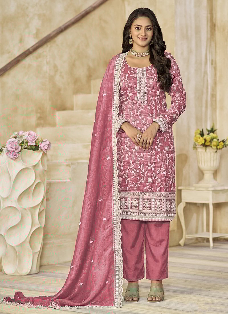 Pink Organza Embroidered Sequins Straight Pant Suit
