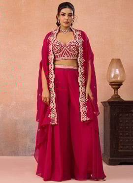 Pink Organza Embroidered Sequins With Beads Work Jacket Palazzo Crop Top Set