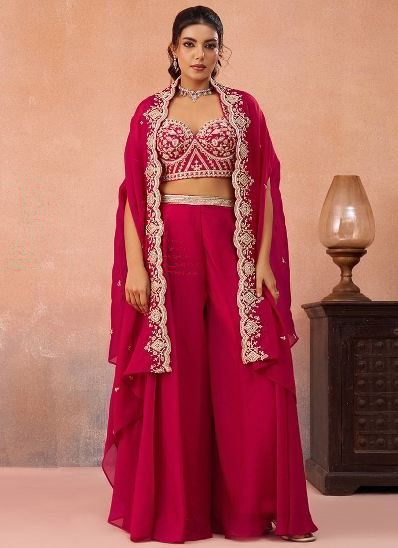 Pink Organza Embroidered Sequins With Beads Work Jacket Palazzo Crop Top Set Wedding Wear