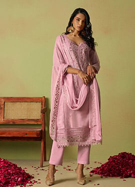 Pink Organza Embroidered With Stone And Beads Work Straight Pant Suit