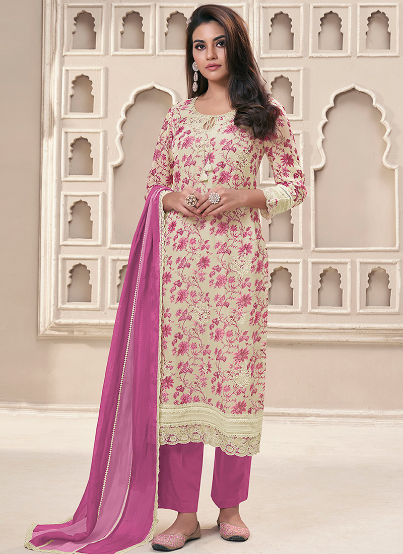 Pink Organza Floral Printed Embroidered Straight Pant Suit After Six Wear