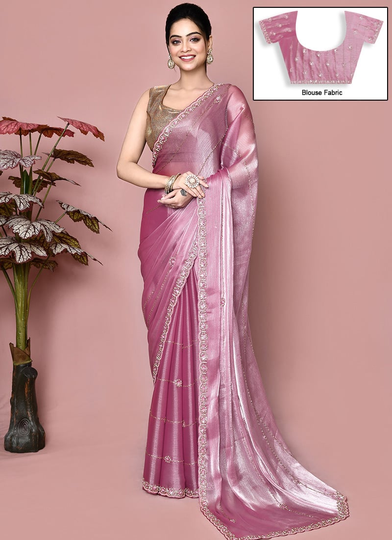 Pink Organza Hand Embroidered Saree Wedding Wear
