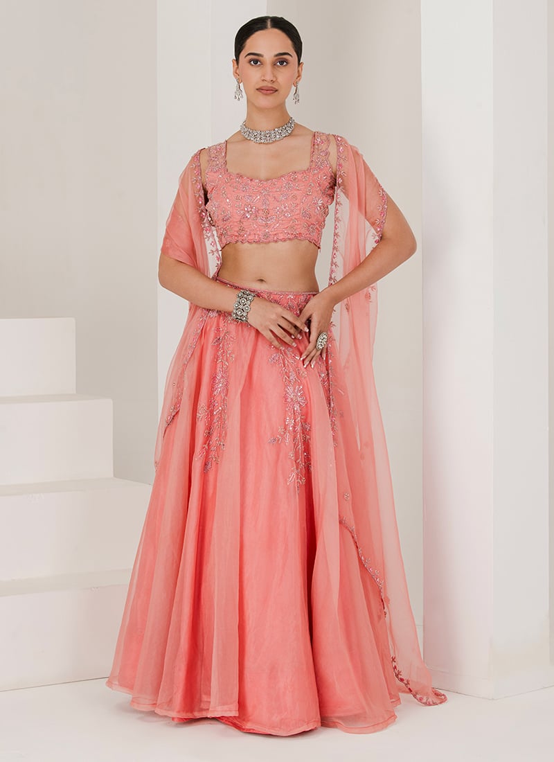 Pink organza Hand Embroidered Sequins And Beads Work Lehenga Wedding Wear