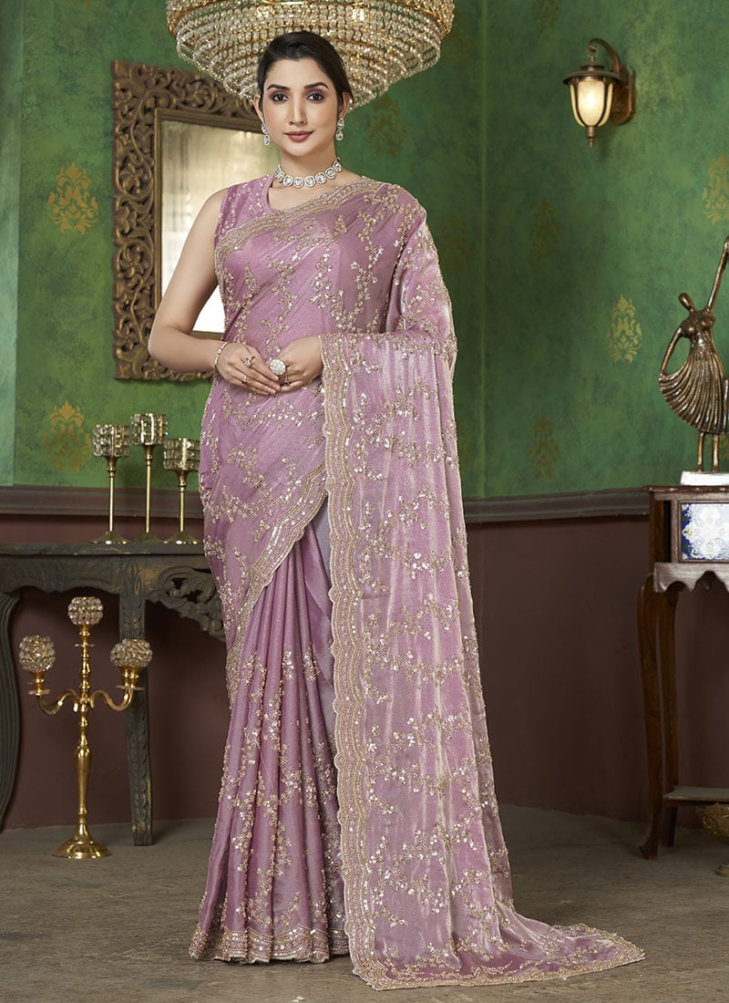 Light Lavender Organza Hand Embroidered Sequins Beads Work Saree Wedding Wear