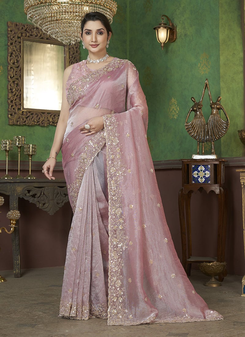 Pink Organza Hand Embroidered Sequins Beads Work Saree Wedding Wear