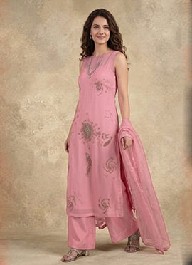 Pink Organza Hand Embroidered Sequins Palazzo Suit