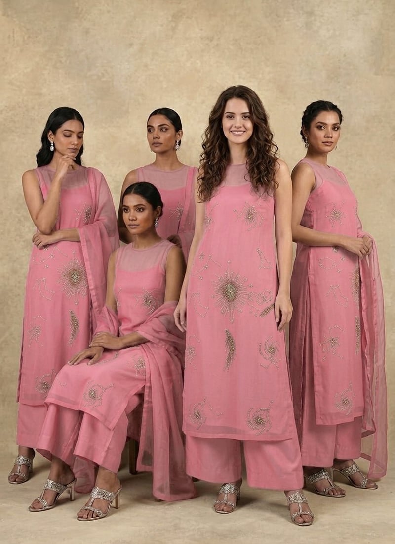 Pink Organza Hand Embroidered Sequins Palazzo Suit Festive Wear
