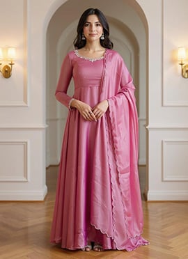 Pink Organza Hand Embroidered Sequins With Beads Work Anarkali Suit