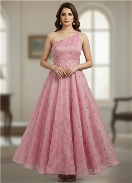 Pink Organza One Shoulder Gown