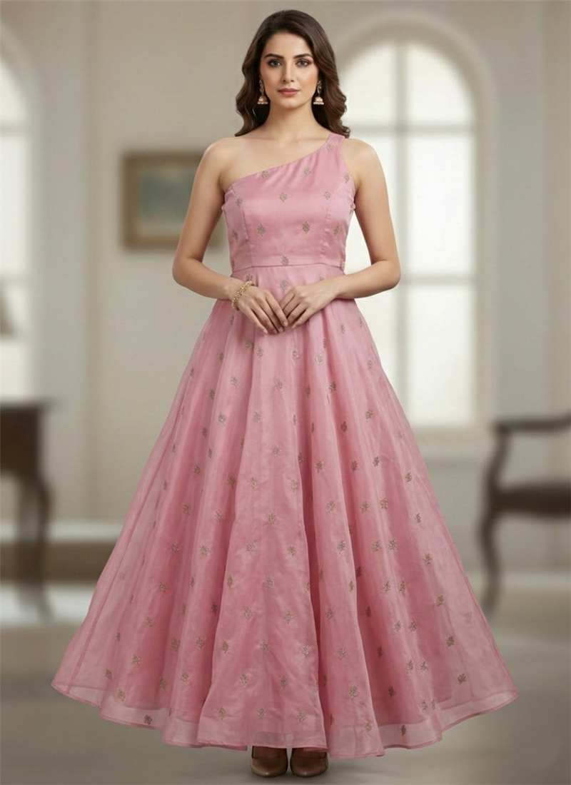 Pink Organza One Shoulder Gown Party Wear