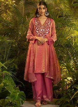Pink Organza Patch Hand Embroidered Palazzo Suit