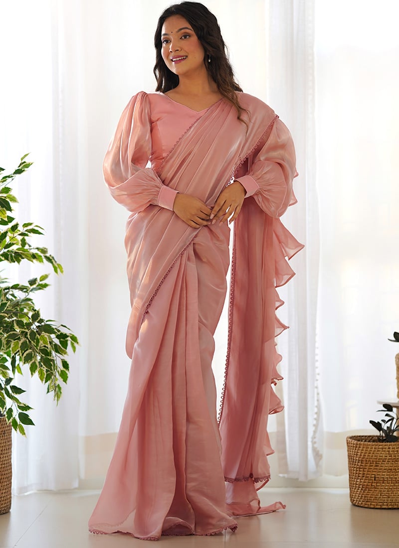 Pink Organza Pre Draped Ruffled Saree With Soft Fluid Elegance After Six Wear