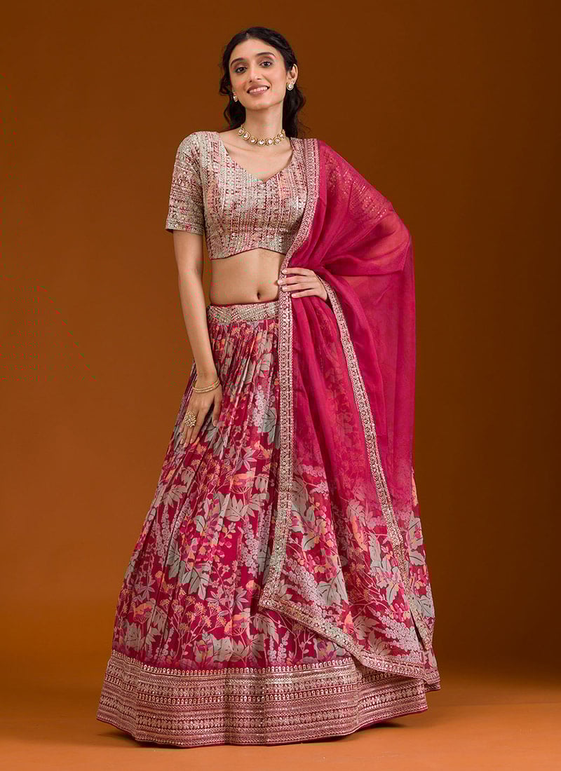 Pink Organza Printed Zari And Sequins Lehenga