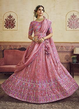 Pink Organza Sequins Embroidered Umbrella Lehenga Wedding Wear