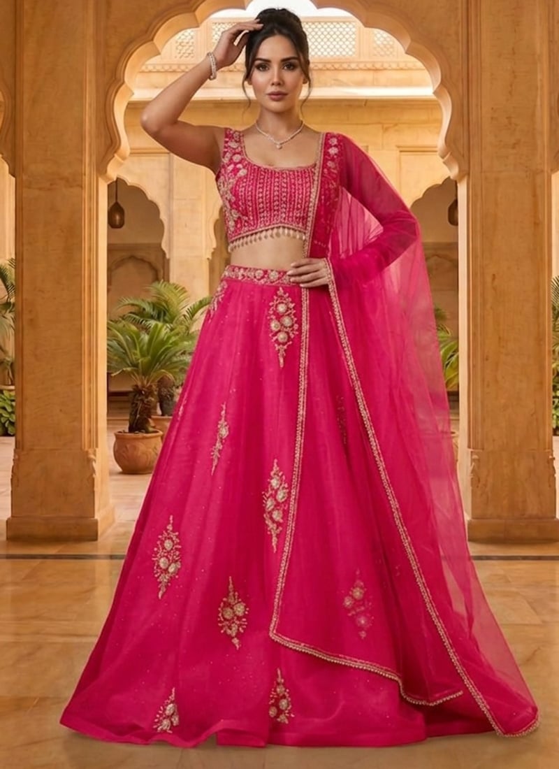 Pink Organza Sequins Hand Embroidered With Beads Work Lehenga Wedding Wear