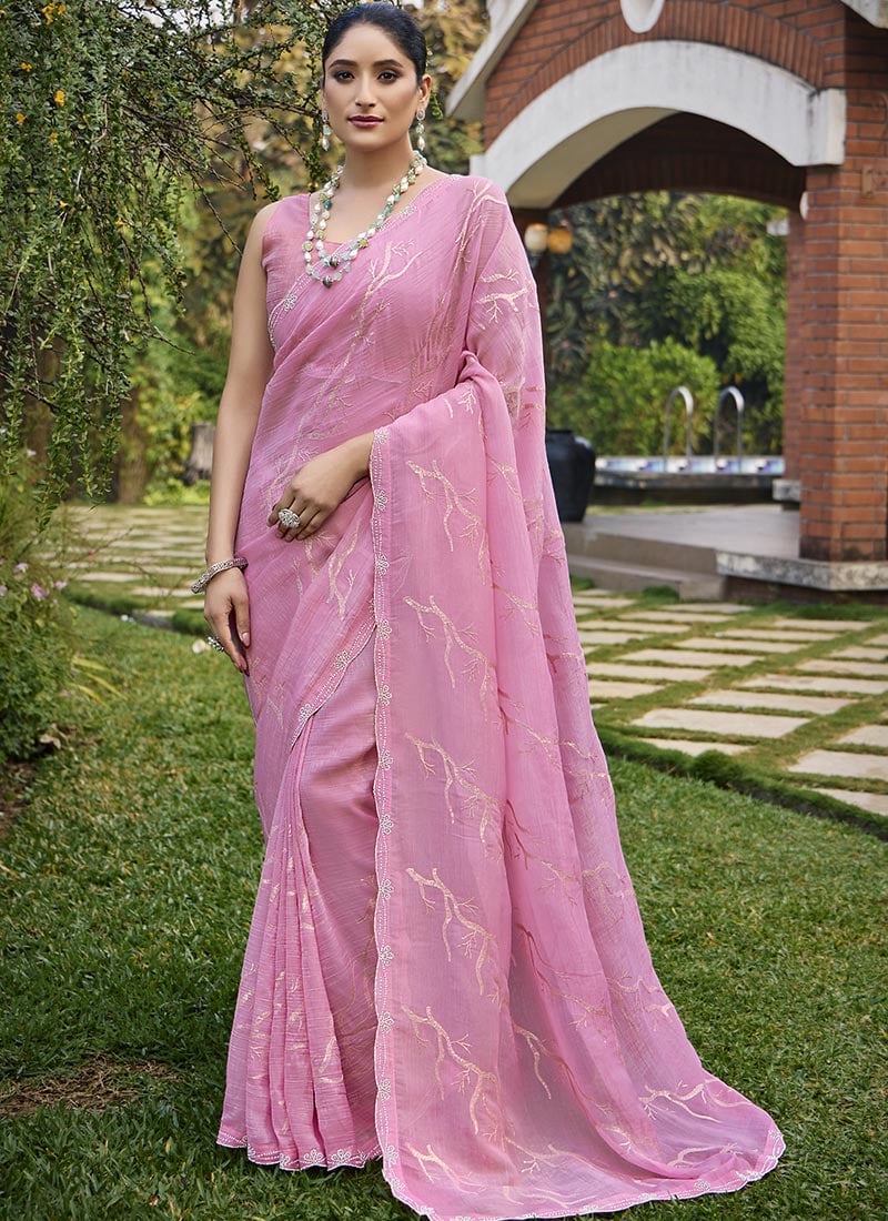 Pink Organza Sequins Stone Work Saree Festive Wear