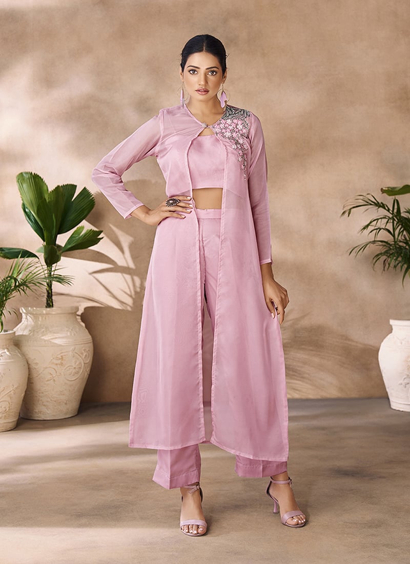 Pink Organza Sequins With Beads Handwork Indowestern Co ord Jacket Set After Six Wear