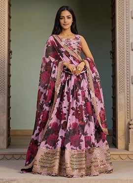 Pink Organza Sequins Zari Digital Print Embroidered Umbrella Lehenga