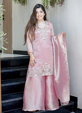 Pink Organza Silk Embroidered Sequins Palazzo Suit