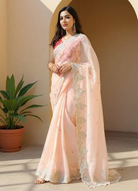 Pink Organza Silk Embroidered Sequins Saree
