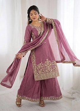 Pink Organza Silk Embroidered Sequins With Moti Work Palazzo Suit