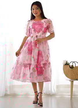 Pink Organza Silk Fit And Flare Dress With Soft Floral Print