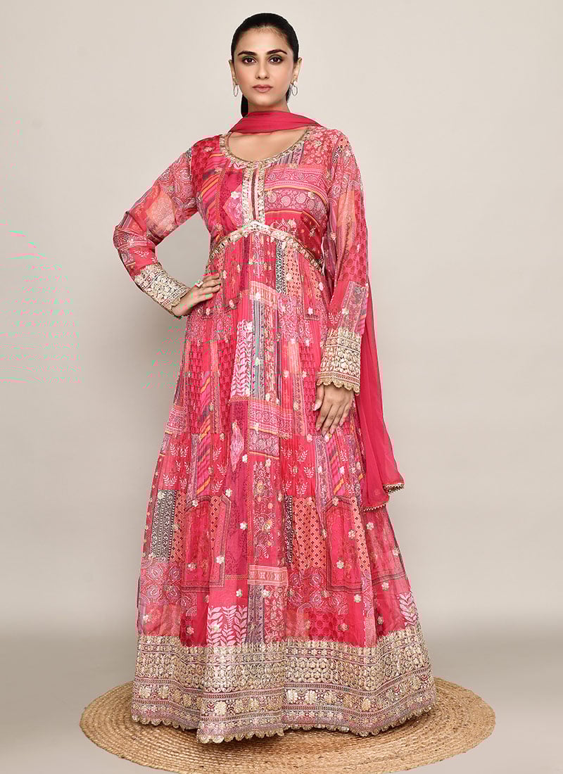 Pink Organza Silk Printed Embroidered Sequins Anarkali Suit Festive Wear