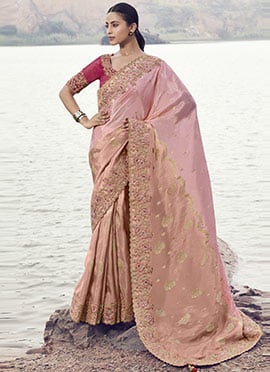 Pink Organza Silk Sequins Embroidered Stones Jacquard Thread Saree