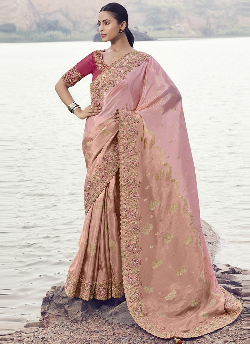 Pink Organza Silk Sequins Embroidered Stones Jacquard Thread Saree Festive Wear