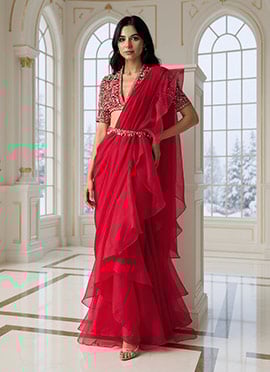 Pink Organza Stones Zari Hand Embroidered Lehenga Saree