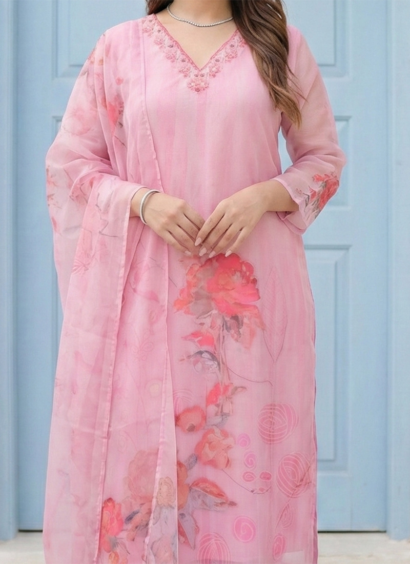 Pink Designer Readymade Pant Suit With Printed Embroidery Work main image 1