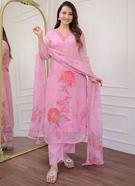 Pink Organza Straight Pant Suit With Elegant Embroidery And Digital Print