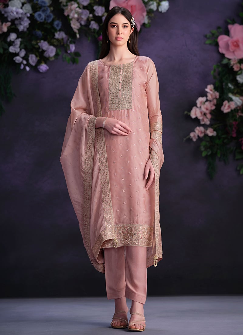 Pink Organza Straight Pant Suit With Embroidered And Sequins For Women Festive Wear