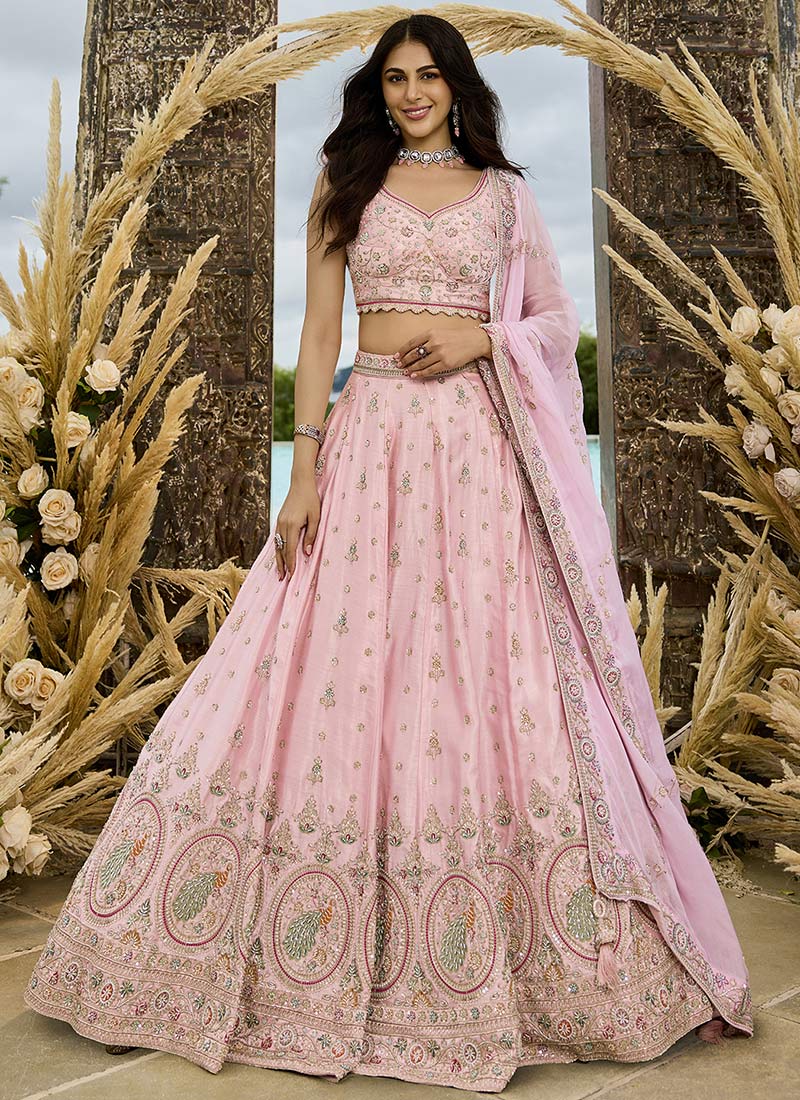 Pink Organza Viscose Embroidered Sequins With Beads Work Lehenga Set Wedding Wear