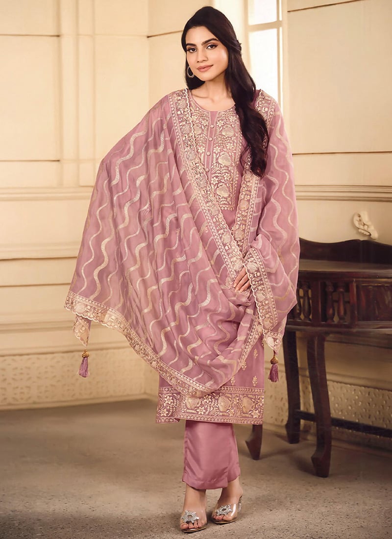 Pink Organza Zari Embroidered  Straight Pant Suit Festive Wear
