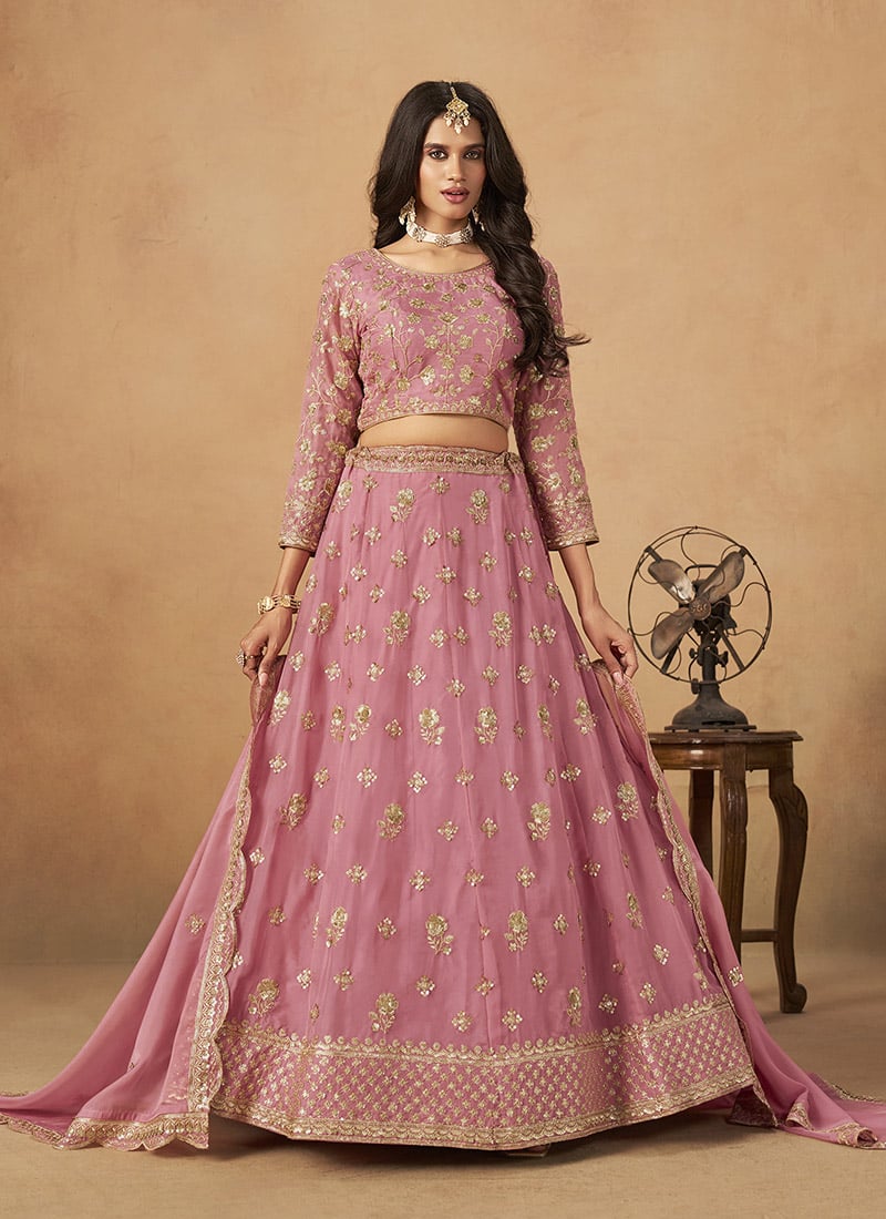 Pink Organza Zari Embroidered Sequins Lehenga Set Wedding Wear