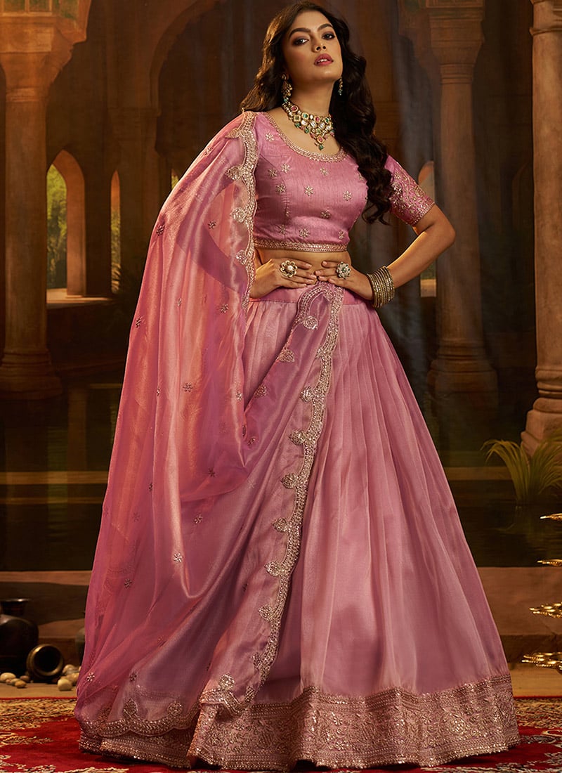 Pink Organza Zari Embroidered Sequins Umbrella Lehenga Wedding Wear