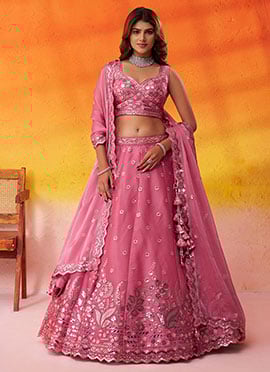 Pink Organza Zari Embroidered Sequins With Beads Work Lehenga