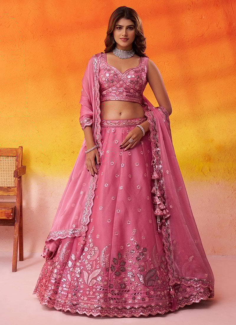 Pink Organza Zari Embroidered Sequins With Beads Work Lehenga Wedding Wear
