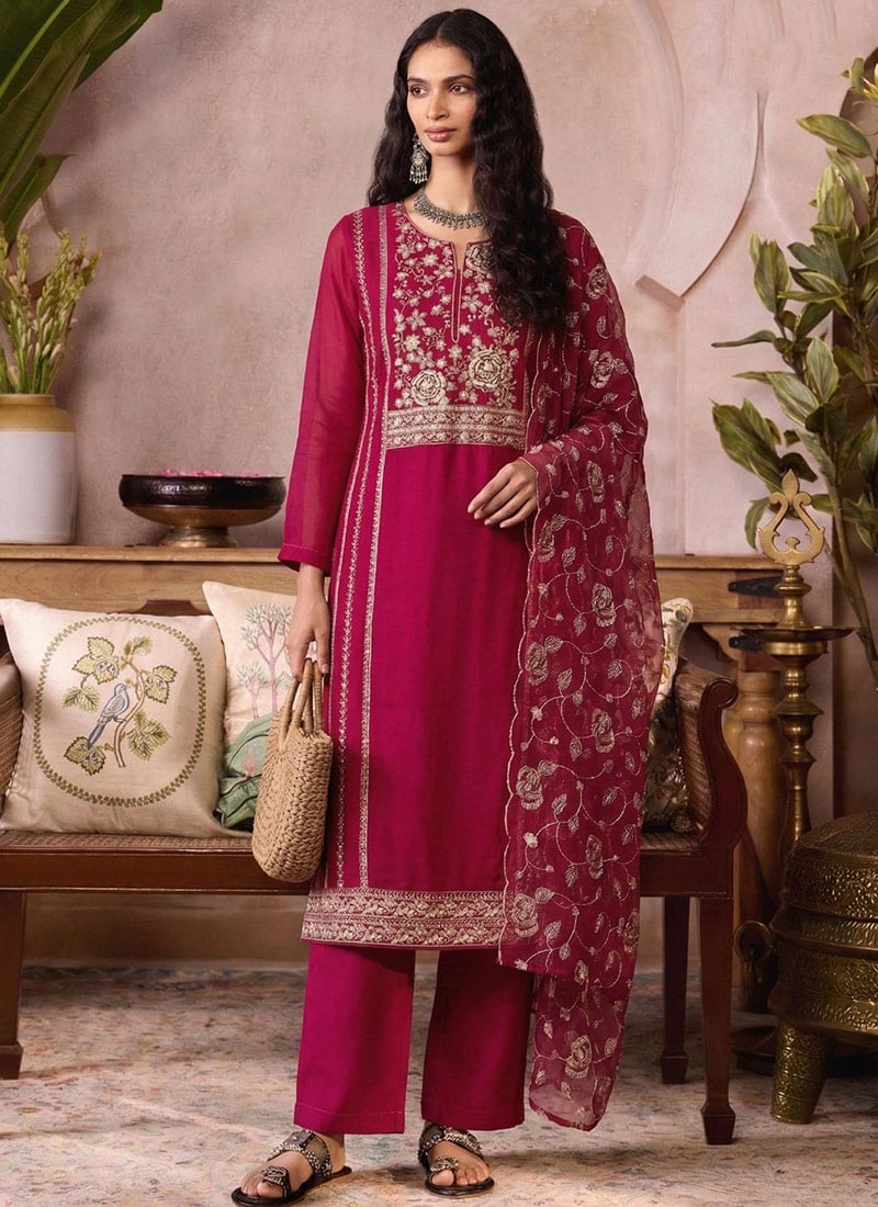 Pink Organza Zari Embroidered Sequins With Beads Work Straight Pant Suit Festive Wear