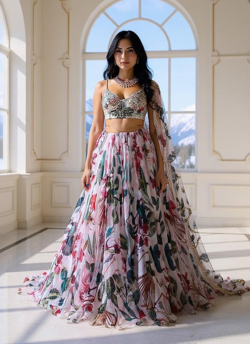 Pink Organza Zari Hand Embroidered Sequins With mirror Work Lehenga