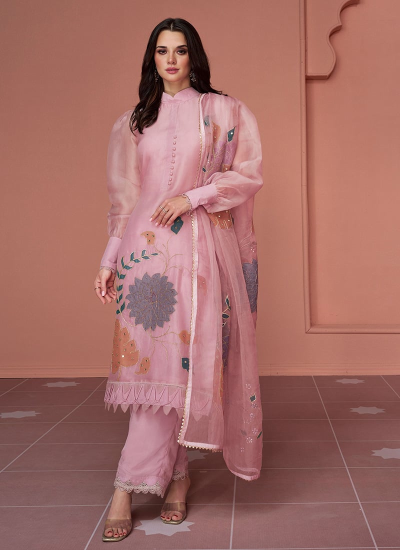 Pink Organza Zari Mirror Work Embroidered Straight Pant Suit After Six Wear